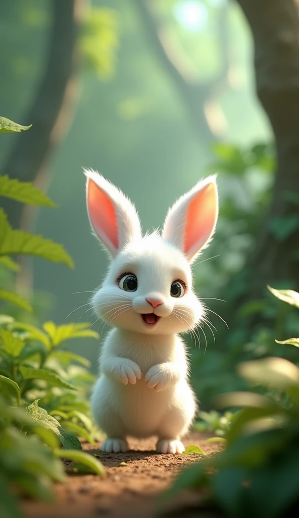 (A small rabbit is white in colour and has very lovely eyes. The rabbit looks very cute like a kid. The rabbit's hair is just like feathers. The rabbit was playing in a jungle. He heard a strange sound. He was shocked to hear the sound. The rabbit's face expression is shocked and the rabbit is looking in the front. There is a beautiful green jungle in the background.image in 3d animation
