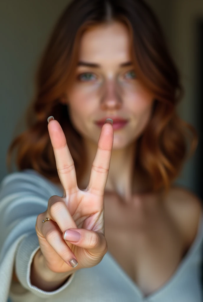 fille blanche châtain qui fait le signe V avec ses doigts, on ne voit pas du tout son visage sur la photo