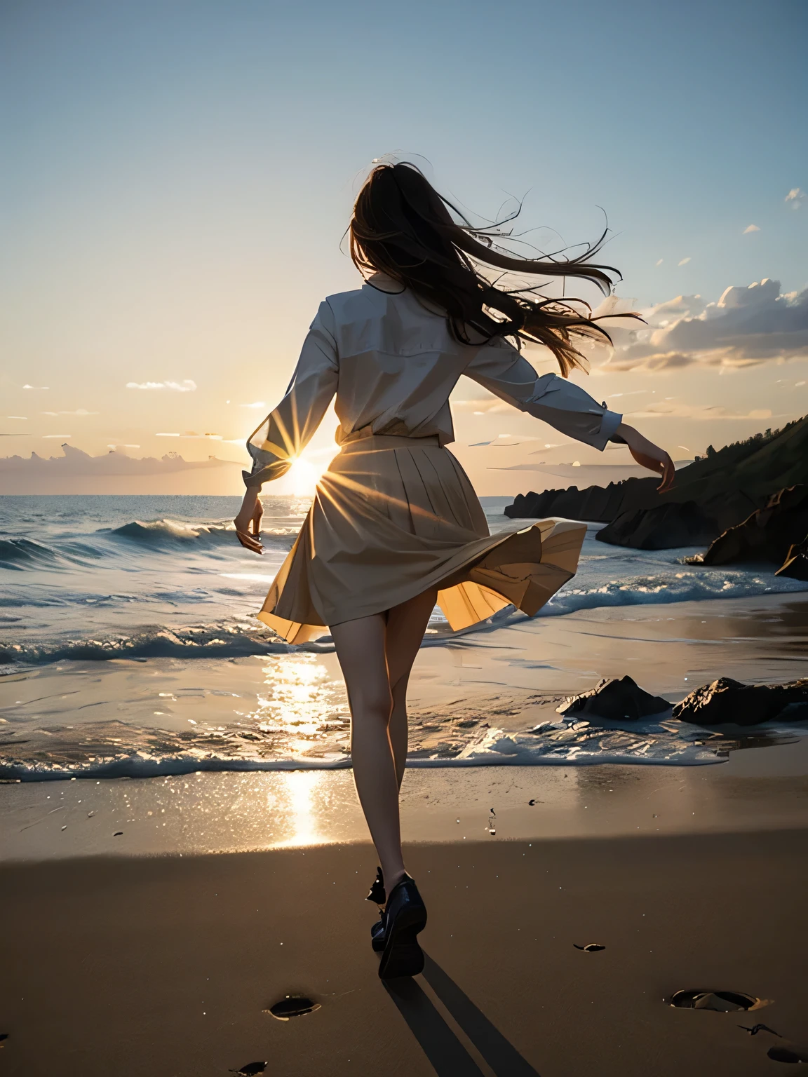 The encounter is in the wind、Since the day I fell in love、I was looking for you without even realizing it、Don't cry, love,real、long legs、full、feminine、white shirt、mini skirt、high heels,very delicate face,realistic lighting and shading, (very delicate and beautiful芸術)1.2, It's elegant,dramatic shadow、very detailed。high quality、High resolution、Raw、超High resolution、super detail、(very delicate and beautiful)、very detailed、real shadow