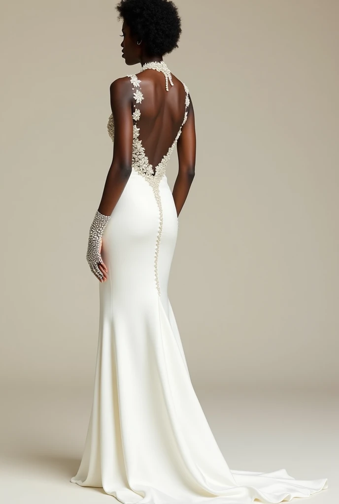 The body of the dress is ivory silk. The model should be and curvy.
Create an Ivory Silk wedding dress cut on bias in a column style. It has a plunging neckline with beaded mesh tulle on the bodice area going up to tie around the nape of the neck in a 3D flower. The back is bare up to the waist. There is a small train. The train is inserted under the silk dress and it is the same fabric as the beaded mesh tulle on the bodice. The gloves are also the same fabric as the beaded tulle in a lightweight mesh. The woman wearing the dress is black, dark skin, 5’3, but with slight curves. Her hair is in a coily Afro and she has a flower crown made of baby’s breath