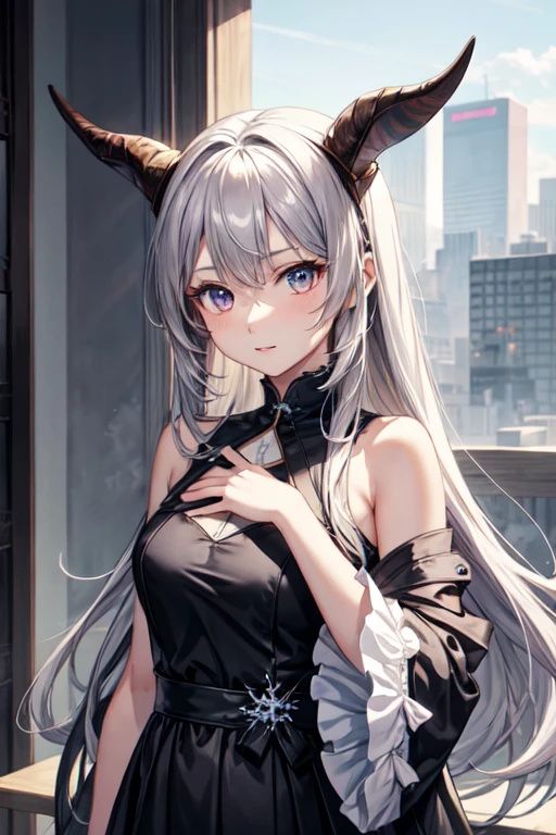 Anime girl with long ashen hair and colorful eyes in a winter lounge., Girl with ashen hair, 1K anime style, anime art wallpaper 2k, anime art wallpaper 2k, anime art wallpaper 2k, beautiful animated portrait, beautiful anime girl, 2k anime wallpaper, anime girl portrait, beautiful anime woman, shy girl, goat horns, beautiful city view, black long dress