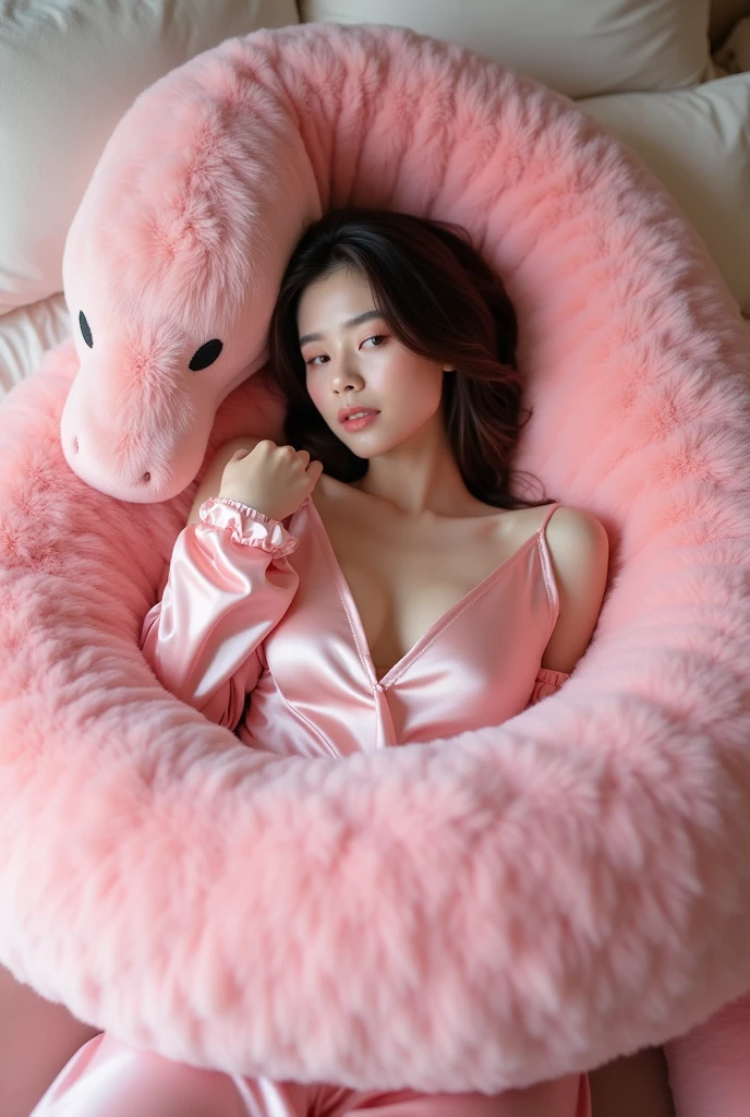 A beautiful brunette is wrapped entirely by a huge pink snake plushie. the plushie is coiling around her body. She is wearing a satin Kigurumi costume lying in bed surrounded by the huge plushie. the plushie is quite large and fluffy, occupying a significant portion of the image.