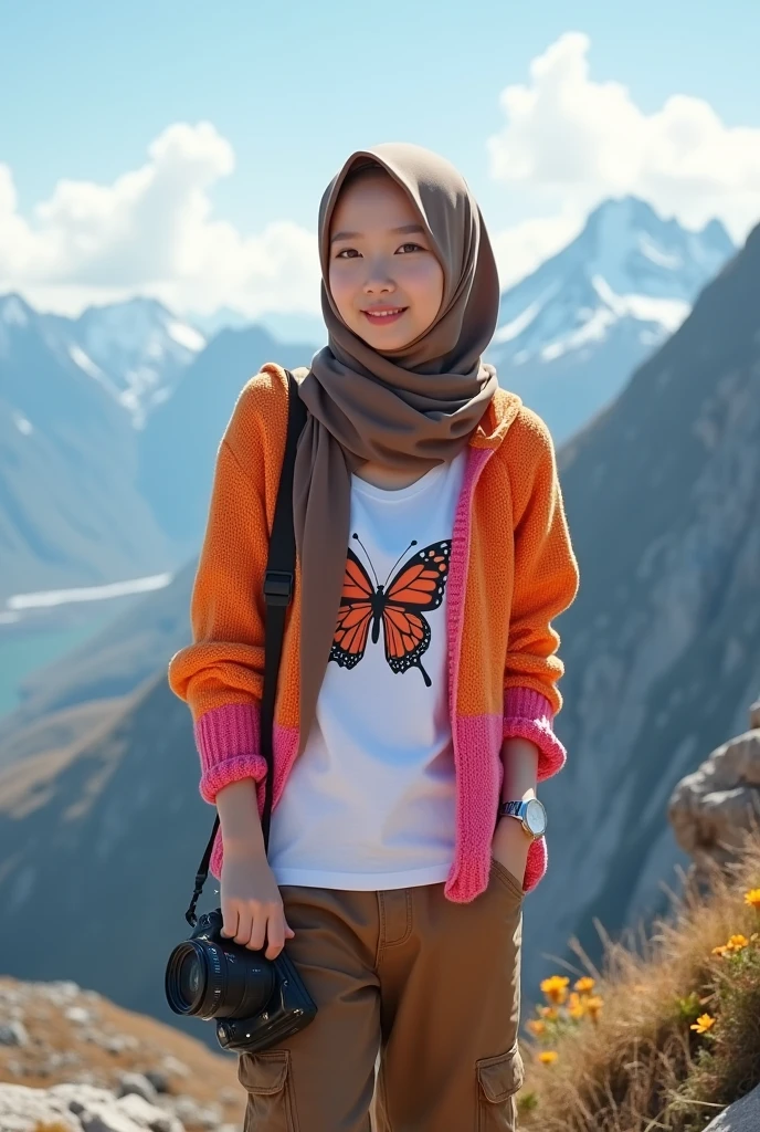 Beautiful Korean girl with smooth white skin, well-groomed face, thin smile, brown hijab, knitted hoodie ((orange, pink, white so it's one color)) white t-shirt decorated with a big butterfly motif)) brown cargo pants, cool watch. Posing standing on a very high mountain peak, under a clear sky, while carrying a camera, with very beautiful detailed views, the background is visible from above, the river flows fast from the waterfall..., a remote mountain,)(there are clouds beautiful), snow-covered cliffs) and beautiful flowers, original, realistic photos