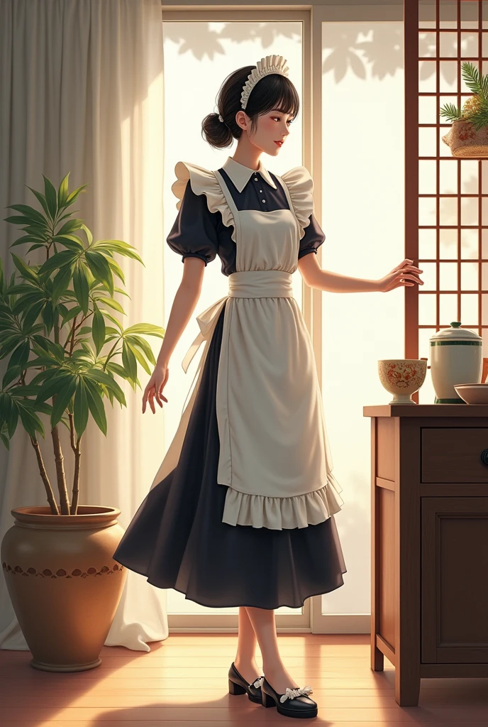 A Japanese woman in a house with normal American decor, clean and lush, wearing a white and dark maid outfit
