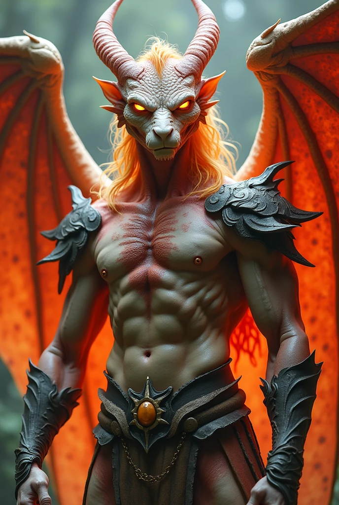 ### **shape**: มีshapeเป็นมนุษย์ มีใบหน้าหล่อ
- **Physical characteristics**: Approximately 6 feet 5 inches tall, with a well-proportioned body with prominent muscles and glowing white-red skin - **wing**: มีwingที่สามารถยุบและขยายได้อยู่ที่หลัง ซึ่งเมื่อยุบจะเก็บอยู่ในshapeของแผ่นเกราะที่ปิดwing
- **Hair and eyes**: Her hair is golden and her eyes are like those of a dragon, glowing yellow.
### **habit**:
- **dignified**: มีท่าทางdignifiedและความเชื่อมั่นในตัวเองสูง เป็นผู้นำที่มีปัญญาและมีความรู้ลึกซึ้ง
- **bountiful**: Despite being very powerful, he has a gentle heart and helps others. - **Respect**: มีRespectต่อธรรมชาติและสรรพสิ่ง และเชื่อในการรักษาสมดุลของโลก