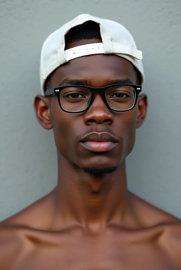 best qualityer:1.4), (ultra high resolution:1.2), (photorrealistic:1.4), (8k, CRU photo:1.2), a thin young man of 20 years old, skin black, with a smooth, beardless face, corte de cabelo buzzcut. is wearing a white cap. thin build. 1,75cm tall. It's sunny. thin build. is looking at the camera. 1,75 cm tall. thin build. He is wearing black prescription glasses.. is shirtless. In the background there is a gray wall. Camera focuses on the face