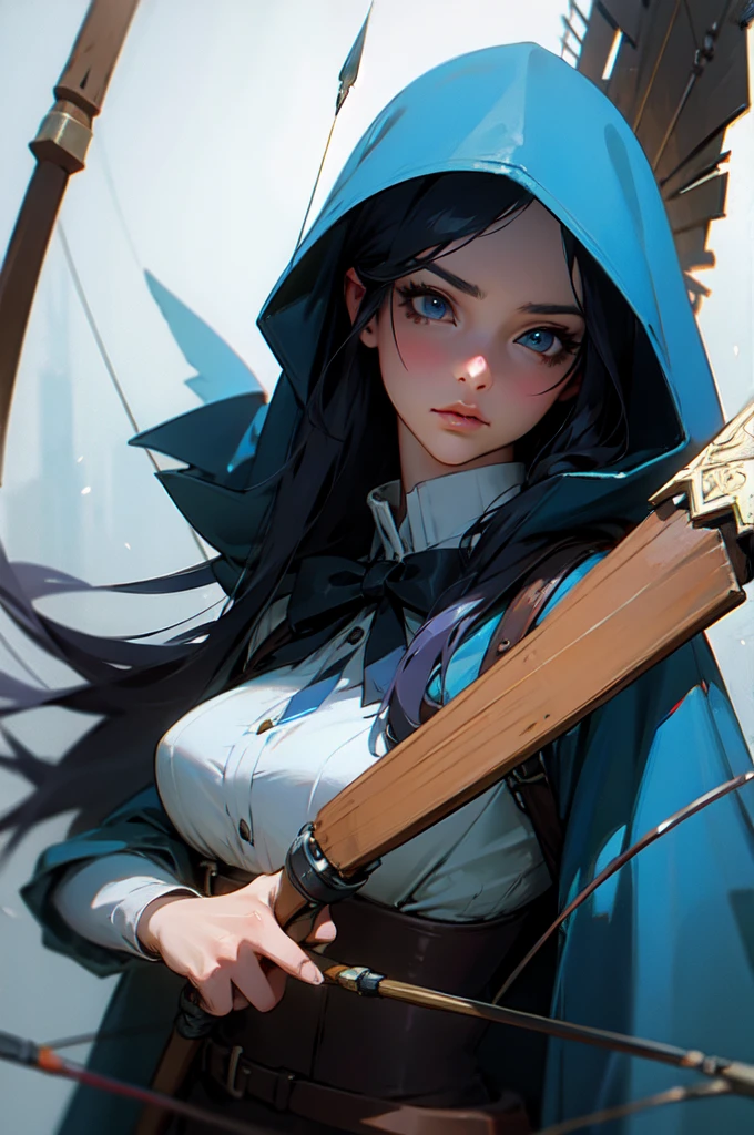 a blue hooded female anime sniper archer,detailed face and eyes,beautiful detailed lips,extremely detailed eyes and face,long eyelashes,corset,belt,bow and arrow,dark atmosphere,digital art,highly detailed,intricate,elegant,dramatic lighting,cinematic,concept art,fantasy,moody,photorealistic,8k,best quality,masterpiece,ultra-detailed