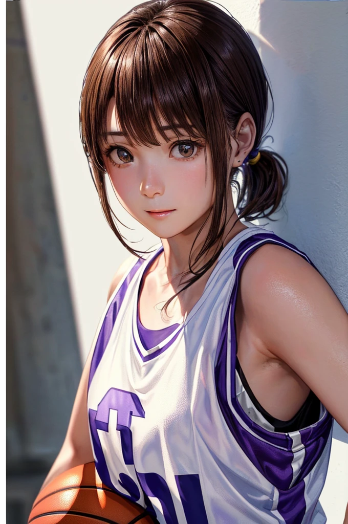 (((Frame In、Pure white wall background、Highest quality、8k、32K、masterpiece)))、(Realistic)、(Realistic:1.2)、(High resolution)、Very detailed、Very beautiful face and eyes、1 person、Round and small face、Tight waist、Delicate body、(close、Highest quality、Attention to detail、Rich skin detail)、(Highest quality、8k、Oil paints:1.2)、Very detailed、(Realistic、Realistic:1.37)、Bright colors、(((Brown Hair)))、(((Brown hair)))、(((Side Ponytail)))、(((Cowboy Shot)))、(((Bob Hair)))、(((The bangs are uniform)))、(((Pure white wall background)))、(((Wearing a basketball uniform)))、(((purple basketball outfit)))、(((Shy expression)))、(((1 female)))、(((Tank top style uniform)))、