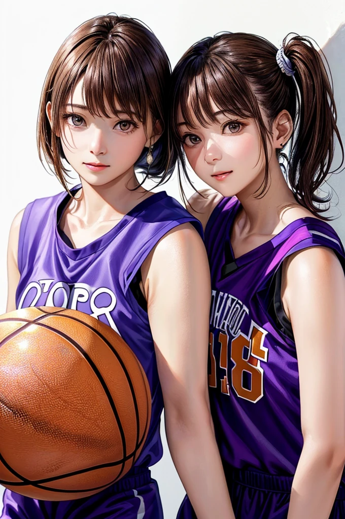 (((Frame In、Pure white wall background、Highest quality、8k、32K、masterpiece)))、(Realistic)、(Realistic:1.2)、(High resolution)、Very detailed、Very beautiful face and eyes、1 person、Round and small face、Tight waist、Delicate body、(close、Highest quality、Attention to detail、Rich skin detail)、(Highest quality、8k、Oil paints:1.2)、Very detailed、(Realistic、Realistic:1.37)、Bright colors、(((Brown Hair)))、(((Brown hair)))、(((Side Ponytail)))、(((Cowboy Shot)))、(((Bob Hair)))、(((The bangs are uniform)))、(((Pure white wall background)))、(((Wearing a basketball uniform)))、(((purple basketball outfit)))、(((Shy expression)))、(((1 female)))、(((Tank top style uniform)))、