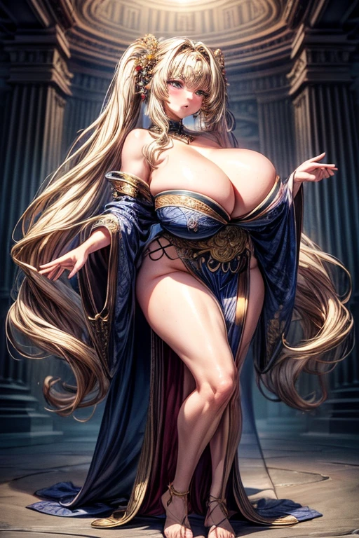 masterpiece,best quality,highly detailed,high resolution,4K,8K,super detailed skin,detailed beautiful eyes,detailed beautiful face,solo,age,blonde wavy hair,big twintails,swept bangs,slanted eyes,sapphire eyes,hair ornaments,curvy,(gigantic breasts,sagging breasts:1.2),(luxurious strapless kimono:1.2),cleavage cutout,bare shoulders,thighs,full body,standing,arm behind back,