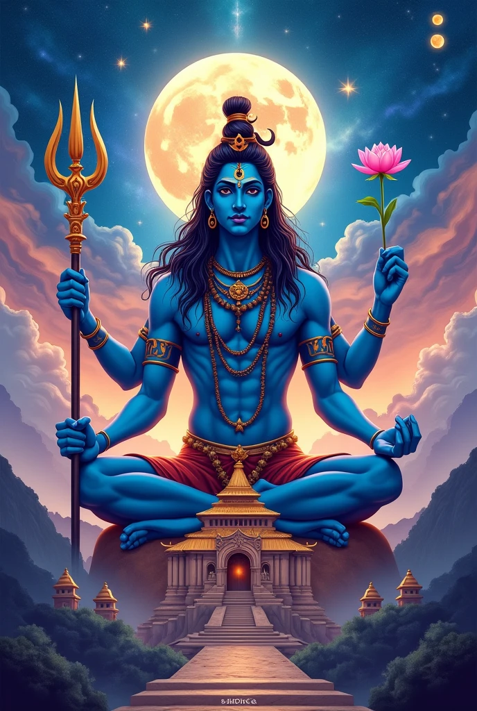 A vibrant depiction of the Hindu deity Shiva, shown with blue skin, seated in a meditative pose with multiple arms. He holds a trident and a lotus flower while surrounded by a cosmic backdrop featuring two moons and swirling clouds. In the foreground, a majestic temple is set against mountainous scenery, with smaller shrines nearby, creating a serene atmosphere. The color palette is a mix of deep blues, purples, and warm oranges, enhancing the mystical vibe of the scene.

