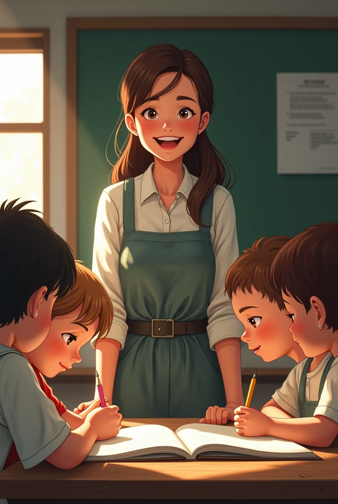 Illustrate the young woman teaching children basic skills like reading, writing, and arithmetic in a simple rural schoolhouse. She is dressed in modest 1980s attire suitable for teaching, but with an emphasis on celebrating student success. Show her beaming with pride as a student reads their first book aloud or completes an arithmetic problem correctly. Use soft lighting that highlights the shadows of the classroom and the engaged faces of her students. Emphasize her joyful expression and the sense of accomplishment on the students' faces.