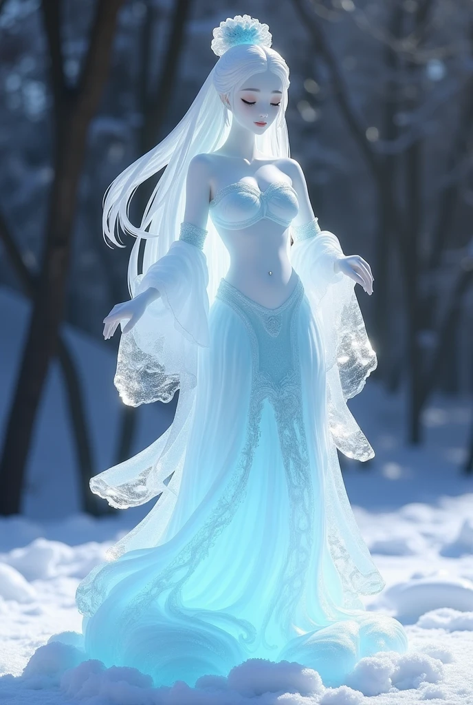 (ice - carving:1.4),Movie Angle,(Fan Bingbing, ice sculpture girl,Anatomically correct,full bodyesbian,Masterpiece ice sculpture camellia,Representative work Hanfu,Smile,sexy,full body arts,traditional arts)