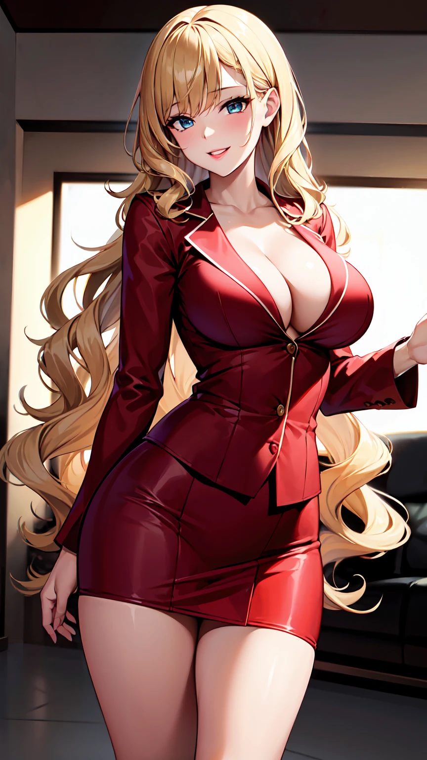 （（super high quality,））（（Ultra-high resolution,））（16K,）（super masterpiece,）（（Ultra HD ,））（Detailed shading,）One sexy career woman, Very wavy long blonde hair,Thick lips,Cleavage,Naked with a tight-fitting red suit,Long sleeve,Red tight skirt,Black Stockings,smile,