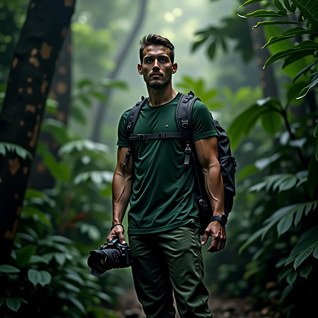 A full body, cinematic portrait of a Americian-looking man with short hair wearing boots. He is 170 cm tall and weighs 70 kg. He is wearing a dark green t shirt and a North Face backpack, standing in a rainforest with a Nikon DSLR camera. He is an outdoor photographer. The background has subtle light, creating a magical rainforest scene. The man is standing corner in the rainforest, creating a mystical rainforest atmosphere. He is a professional photographer doing an advertising shoot. His face is looking at the camera, and the portrait is taken from the front. The image should be realistic.