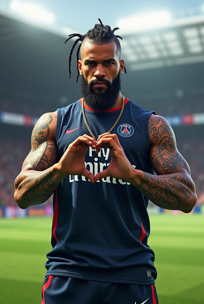 Young 2 sexy Rudo gangster with shaved black hair on the sides with braids brown eyes thick lips athletic body masculine energy and sexy defined chin trimmed beard colorful tattoo marked biceps wears black colored Homme muslim style is PSG soccer player wears PSG sportswear fluorescent green Nike Mercury sneakers stands in a stadium and makes a heart shape with his hands full body view celebrating pose