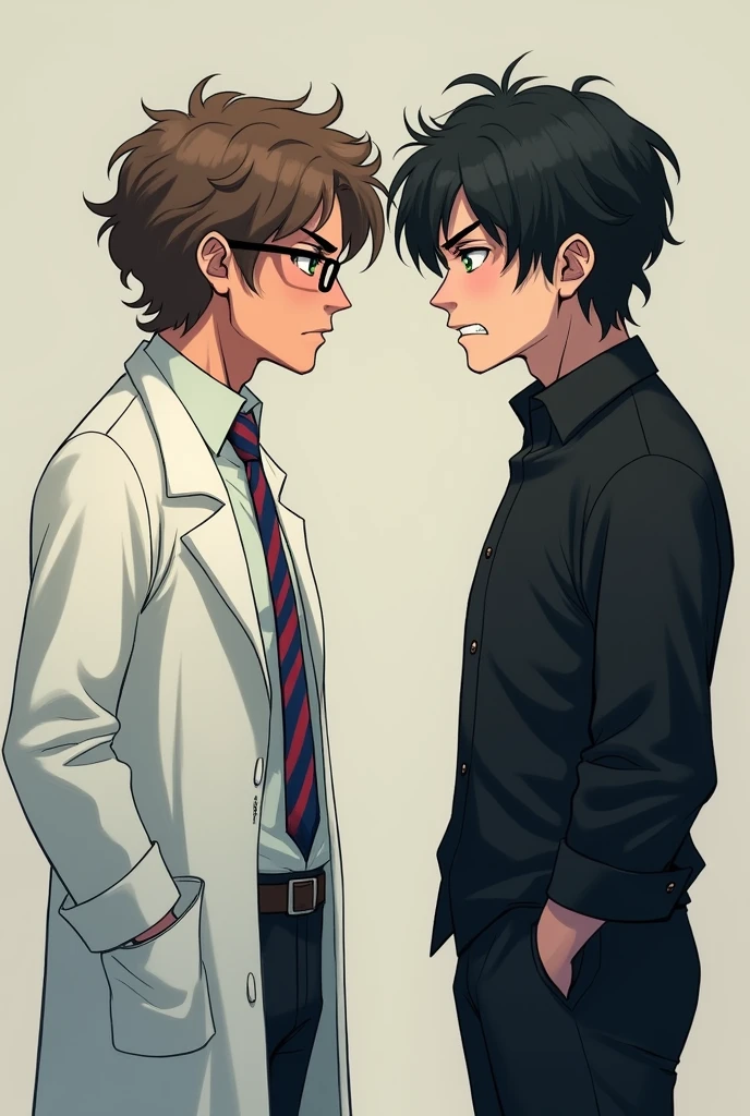 create two guys 20 years on side view looking at each other, in the left the guy is taller has eye glasses and has brown wavy curly hair, he wears lab gown over white long sleeves and blue and red stripes tie, has green eyes looking at the other guy angrily, the other guy beside him wears black clothes has wavy black hair and looks as if he's trying to provoke the other guy. 