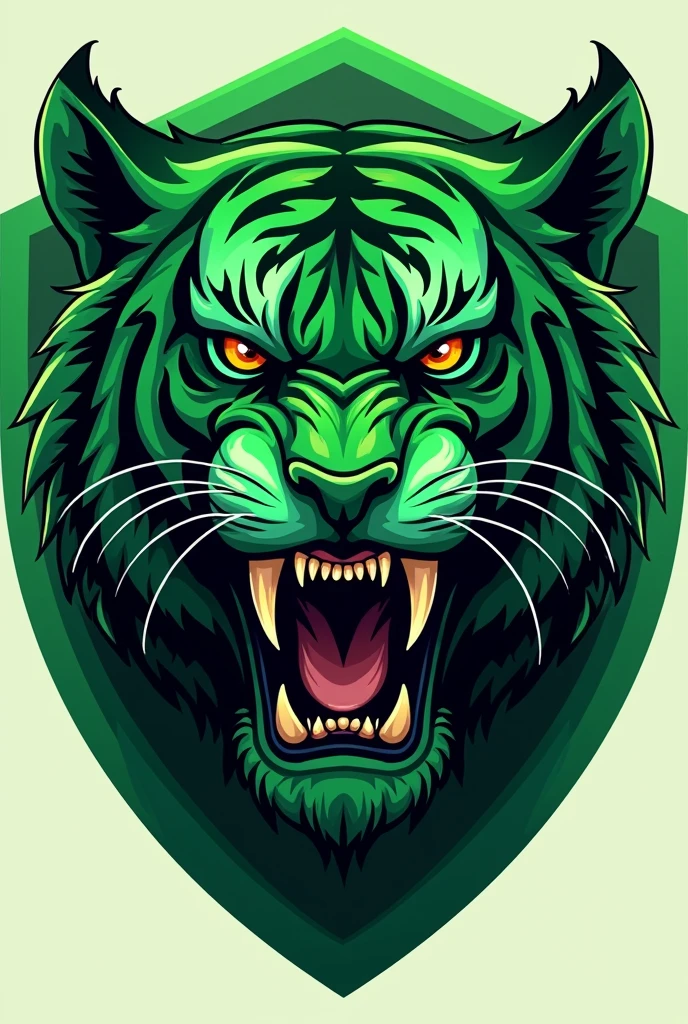 Create a saber-toothed tiger shield for your team Simplest without background Just the face Green color Less realistic More beautiful Simplest