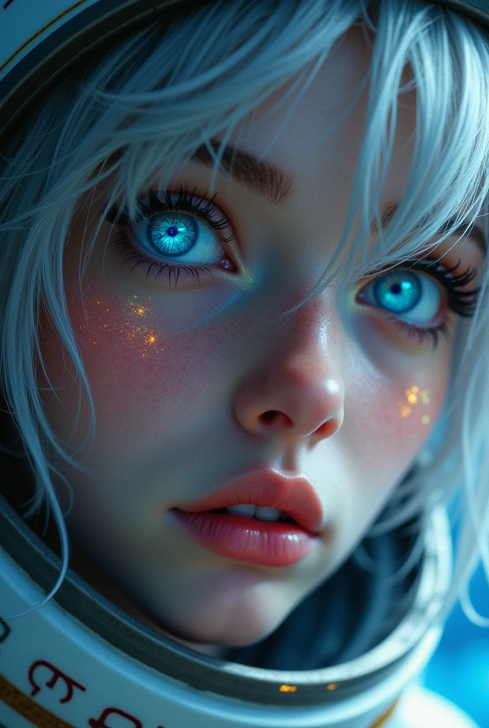 (Close-up of a better masterpiece: 1.5) 0.9], (Space and astronauts: 1.2) (Disheveled silver hair: 1.1) (Xanthochromia heterochromia and blue eyes: 1.2) (space helmet: 1.0) (colorful stars in the eyes: 1.0) (A radiant glow: 1.1) (thick lips: 0.9)