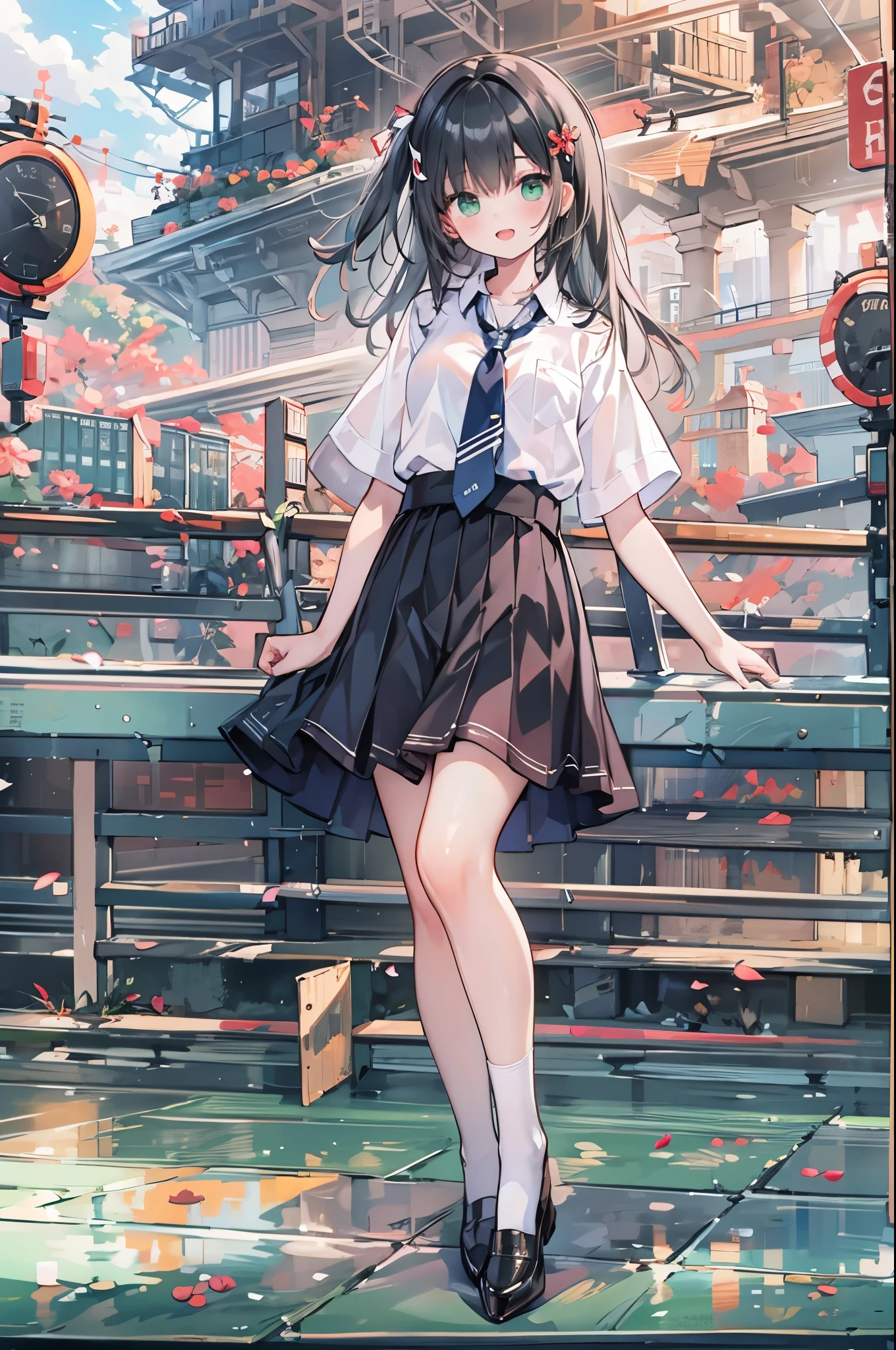 ((Highest quality, 8k, masterpiece: 1.3)), whole body,1 personの,1 person,,Glamorous Body,cute,smile,Open your mouth,Black Hair,Beautiful emerald green eyes,long hair,Stand in front,((White short sleeve blouse,tie)),Black pleated mini skirt,loafers,Cute gestures,