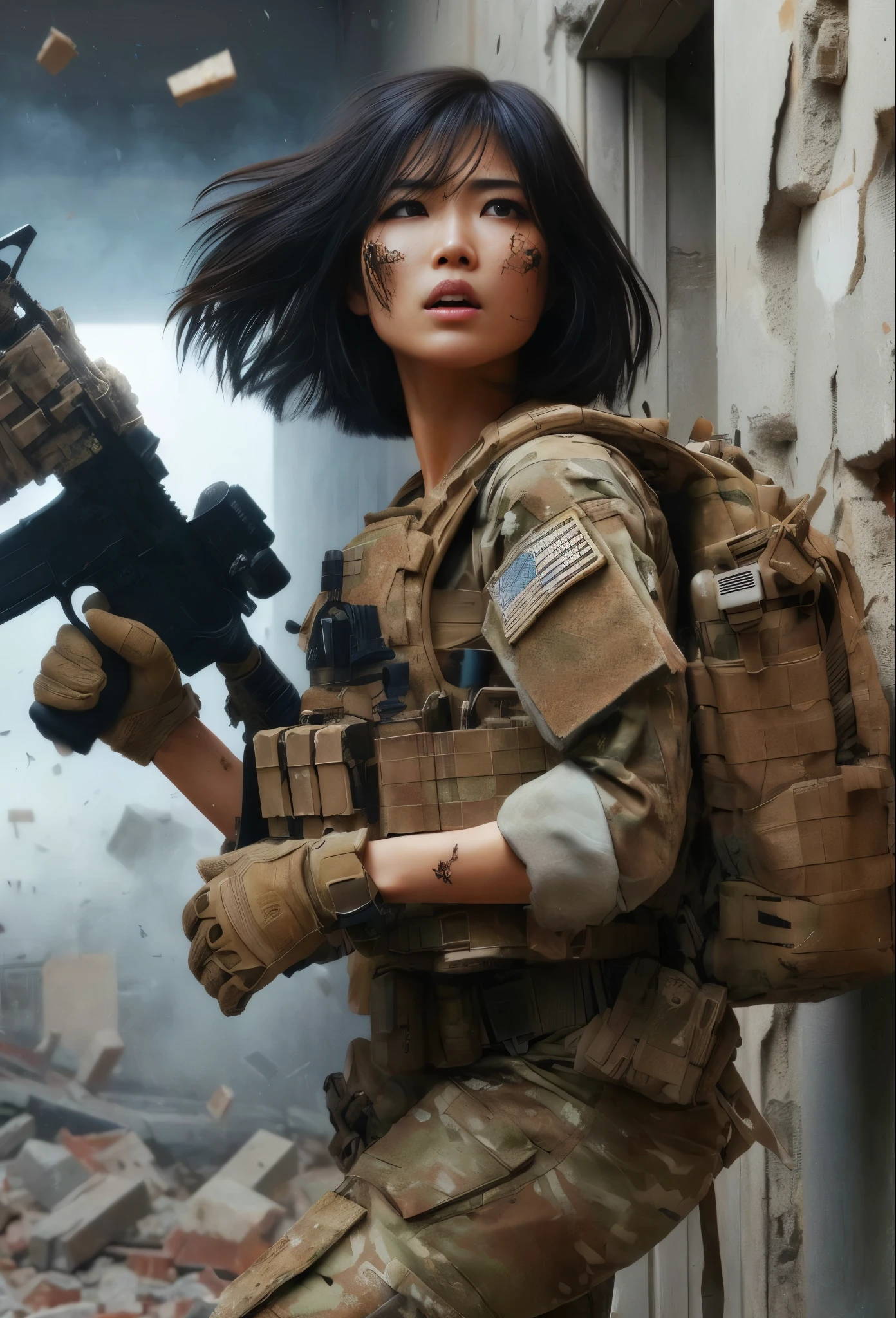 8K, realistic photo, realistic skin texture, Beautiful Japanese women in the US military、Outside the building、explosion、Close call、Walls bursting with debris、They are shouting to evacuate immediately.、Automatic rifle、Bulletproof vest、Back Back、boots、Covered in scars、Grim expression、Dynamic pose、Innovative composition、Dust is flying、傷だらけ
