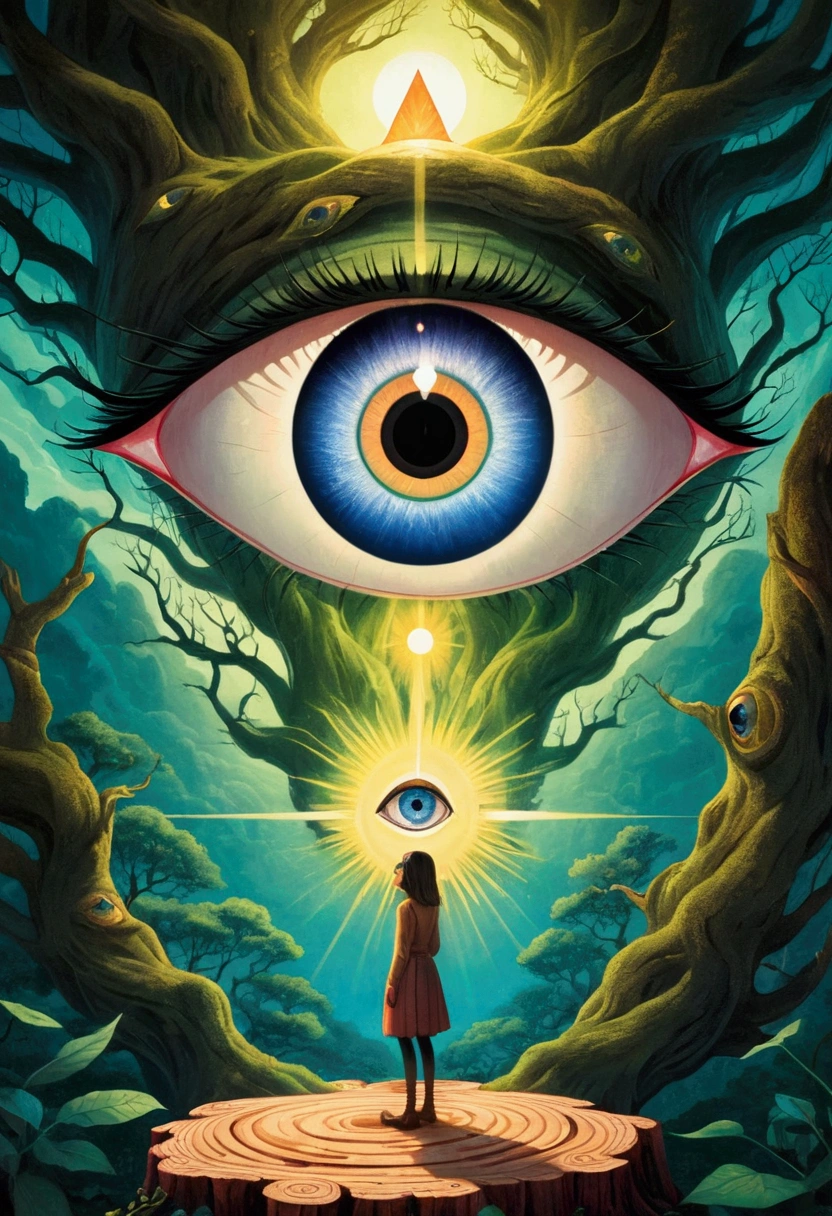 A woman standing on a tree stump，Illustration with a big eye next to it, Giant eye magic spell, Portrait of a mysterious giant eye, Glowing magic eyes, Mysterious Eye, The Third Eye的视觉, eye of the beholder, Psychedelic illustration, The Third Eye, Magical glowing eyes, 神秘的The Third Eye, All-Seeing Eye, Evil world magic painting atmosphere