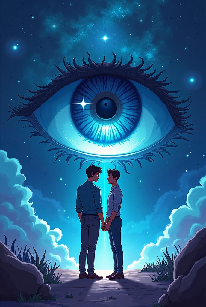 Create me a good book cover like the background is a some sort of the universe and in between or in any part, there is a big mysterious eye, and inside that eye, there is the symbol Yin Yang, and create a two men holding hands, and show that they are really In love Make it fantasy vibes and make it simple but artistic , emphasize the Yin Yang on the eye. Make it more cartoonish