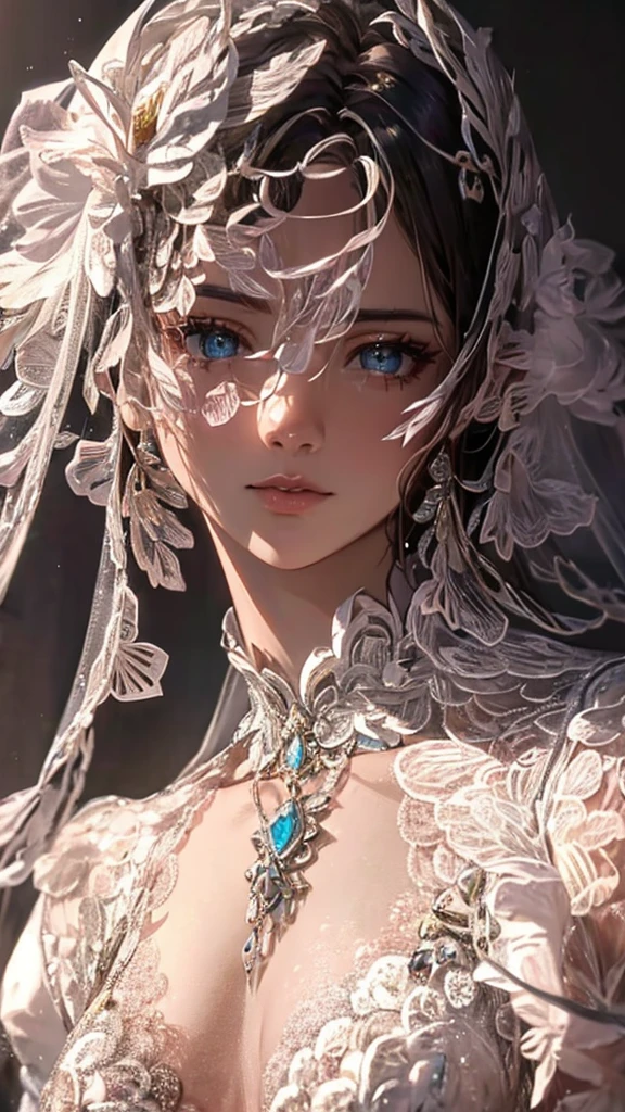 Female Adventurer, whole body, Game Art Style, (masterpiece),  Highest quality, High resolution, 4K, 8K, Detail View, Intricate details, Cinema Lighting, Great quality, 1 Girl、Elegant red and white lace style dress、A red and white line dress made of intricate and artistic lace、Pretty dress、Super Luxury Dresses、Beautiful black hair, Great Shade, Soft lighting, To the camera, Perfect Eyes