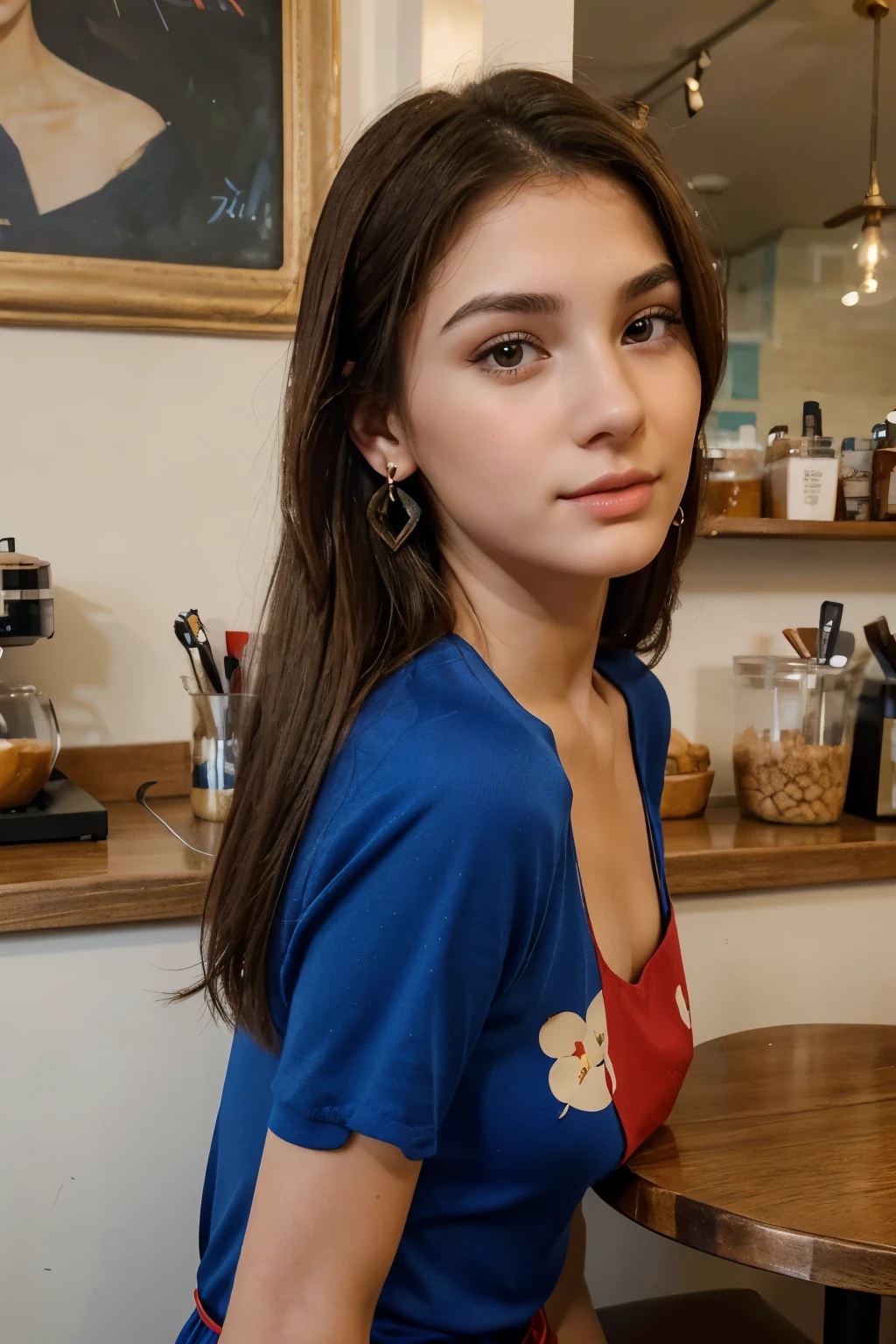 Photo of a 20 year old brunette woman, that  has a very natural face,  thin lips, thin eyes, thin eyebrows, thin nose, earrings, long eyelashes. She makes a cute half body photo in a cafe, wearing blue and red design dress, with perfect body,random pose, ultra detailed picture,wearing light  dress 