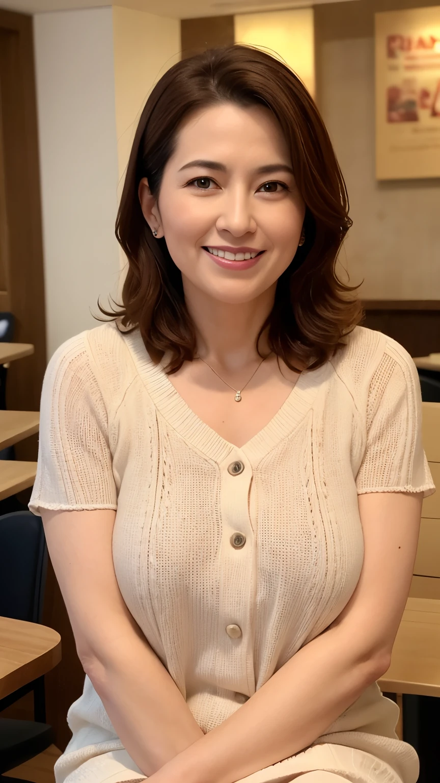 8k wallpaper, masterpiece, Highest quality, Very detailed, One Mature Woman, 50 years old, Become very clear, Wearing a short-sleeved knit, Skin dents, Captivating smile, Looking at the audience, No lapel microphone, Plump, Curvaceous, Attractive face, Smiling with teeth showing, I was happy, sitting in a cafe, Background Blur