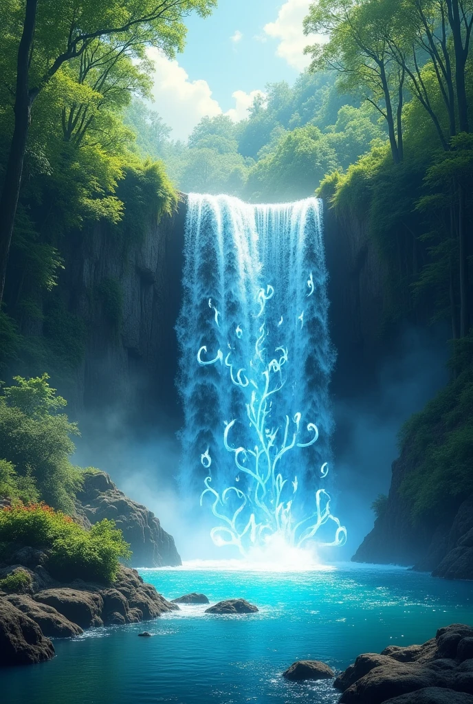 Create an image of a magical waterfall, written in the middle of it tiktok and the name "The magic waterfall"