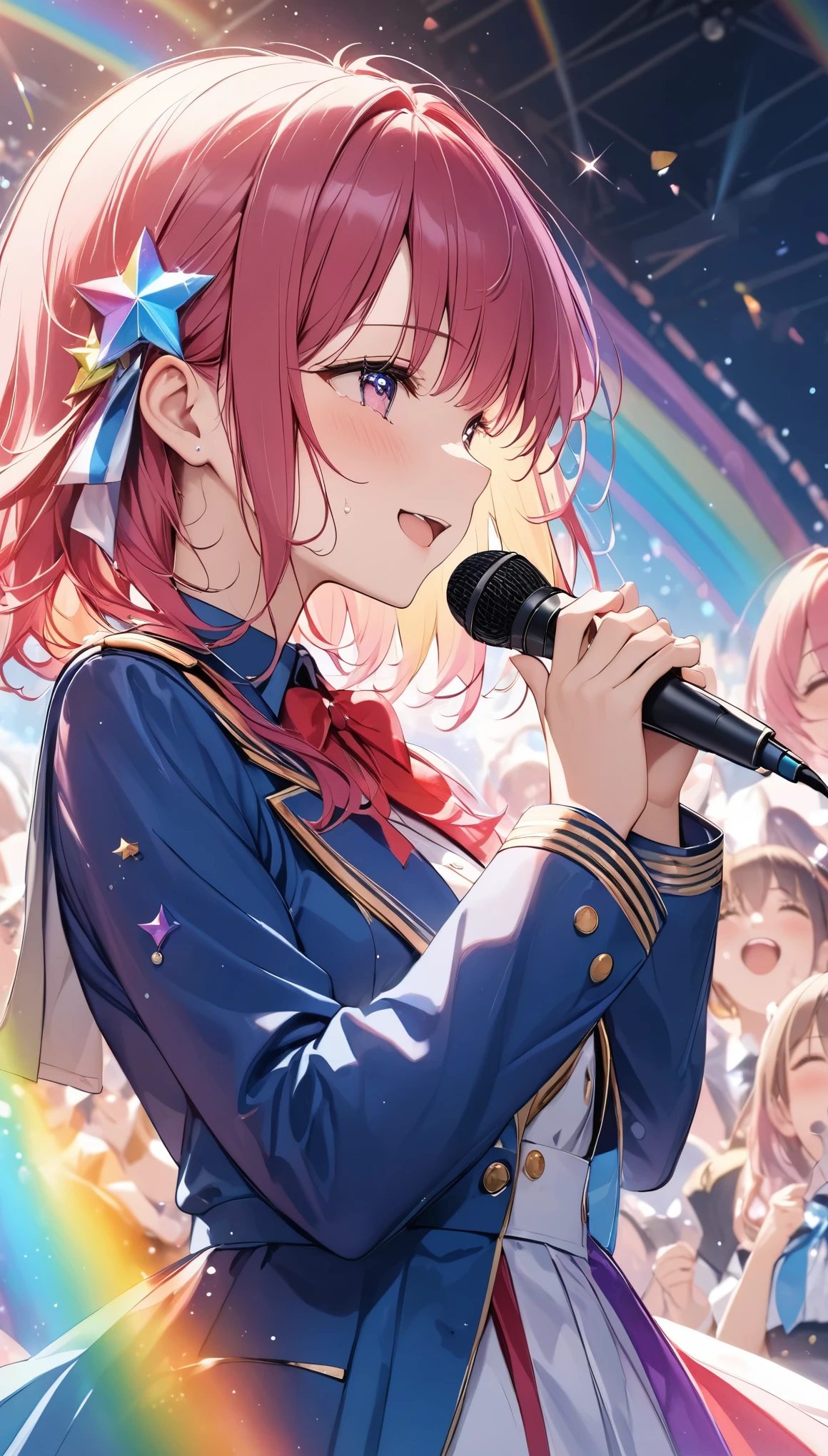 Highest quality、Highest quality、Ultra-detailed、(masterpiece:1.2),Very absurd、4K,8k,Idols singing in front of an audience、Uniform-like outfit、Hold the microphone in your right hand、Left hand wide open、cute、Tears of joy、Singing while crying、profile、、rainbow、Sparkling effects