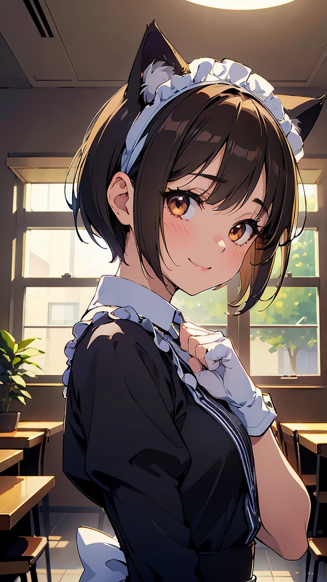 masterpiece, best quality, absurdres, score_9, score_8_up, score_7_up, source_anime, 1girl, deep brown eyes, room, wariza, medium hair, pixie bob haircut, black hair, happy face, portrait,, starshadowmagician, solo, Adult woman, best perfect anatomy, Pose with hands tucked behind ears, Cheek resting on hand, cafe, indoors, window, crowd, standing, steam, looking at viewer, cat ears headband, Maid clothes, Long-sleeved, white format gloves, dynamic angle. perfect dynamic composition, upper body, smile, Shooting up close, Shooting from the side, hanging light, ceiling light, Cinematic lighting, potted plant, background: cafe,