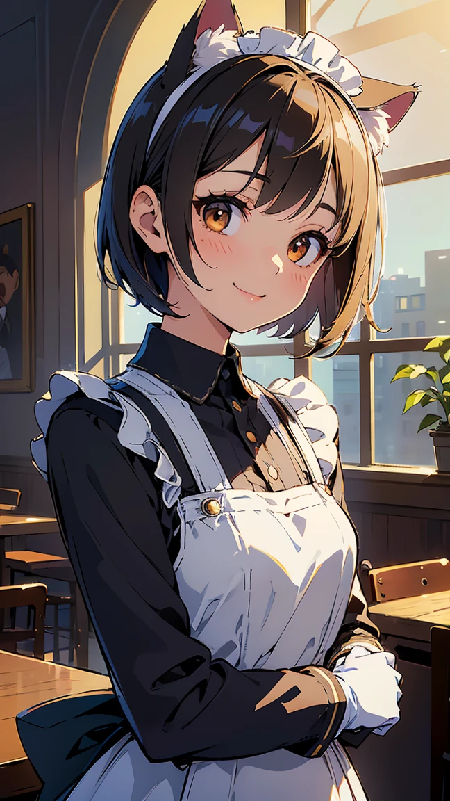 masterpiece, best quality, absurdres, score_9, score_8_up, score_7_up, source_anime, 1girl, deep brown eyes, room, wariza, medium hair, pixie bob haircut, black hair, happy face, portrait,, starshadowmagician, solo, Adult woman, best perfect anatomy, Pose with hands tucked behind ears, Cheek resting on hand, cafe, indoors, window, crowd, standing, steam, looking at viewer, cat ears headband, Maid clothes, Long-sleeved, white format gloves, dynamic angle. perfect dynamic composition, upper body, smile, Shooting up close, Shooting from the side, hanging light, ceiling light, Cinematic lighting, potted plant, background: cafe,