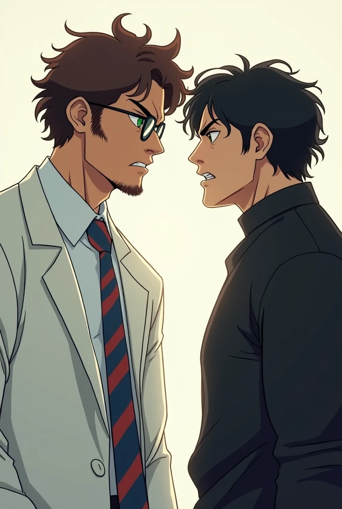 create two guys 20 years on side view looking at each other, in the left the guy is taller has eye glasses and has brown wavy curly hair, he wears lab gown over white long sleeves and blue and red stripes tie, has green eyes looking at the other guy angrily, the other guy beside him wears black clothes has wavy black hair and looks as if he's trying to provoke the other guy. 