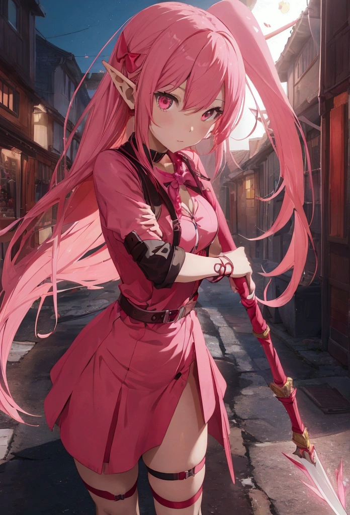 An anime girl with pink hair and a red dress holds a stick. This is a full-body concept of V from Devil May Cry as an elf. There's also a succubus in a tight short dress and an anime girl with a bow and arrow, colored lineart, as well as a deviant adoptable. She is holding a long staff. Finally, there's a humanoid pink female squid girl.