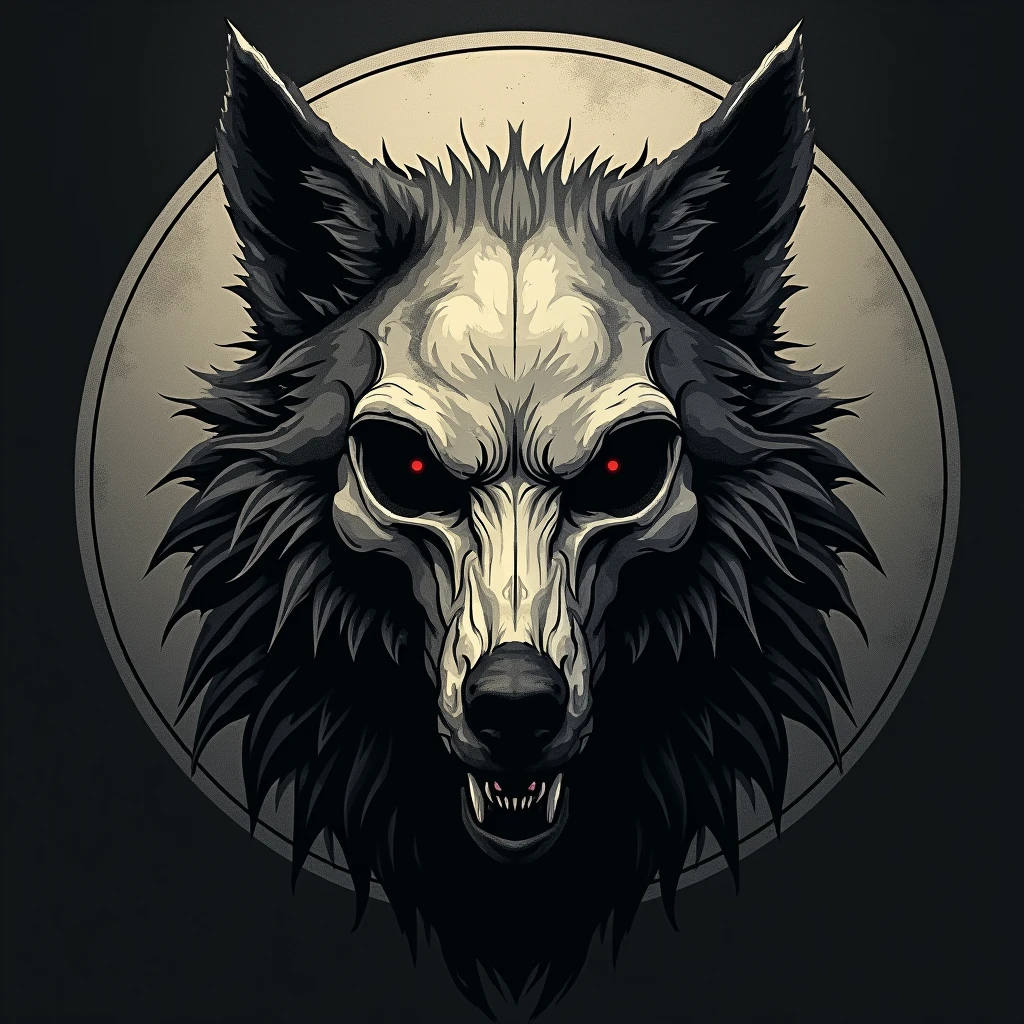a skull wolf logo, round shape. expressing death and solitude