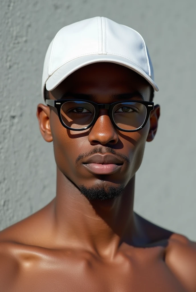 best qualityer:1.4), (ultra high resolution:1.2), (photorrealistic:1.4), (8k, CRU photo:1.2), a thin young man of 20 years old, skin black, with a smooth, beardless face, corte de cabelo buzzcut. is wearing a white cap. thin build. 1,75cm tall. It&#39;s sunny. thin build. is looking at the camera. 1,75 cm tall. thin build. He is wearing black prescription glasses.. is shirtless. In the background there is a gray wall. Camera focuses on the face 