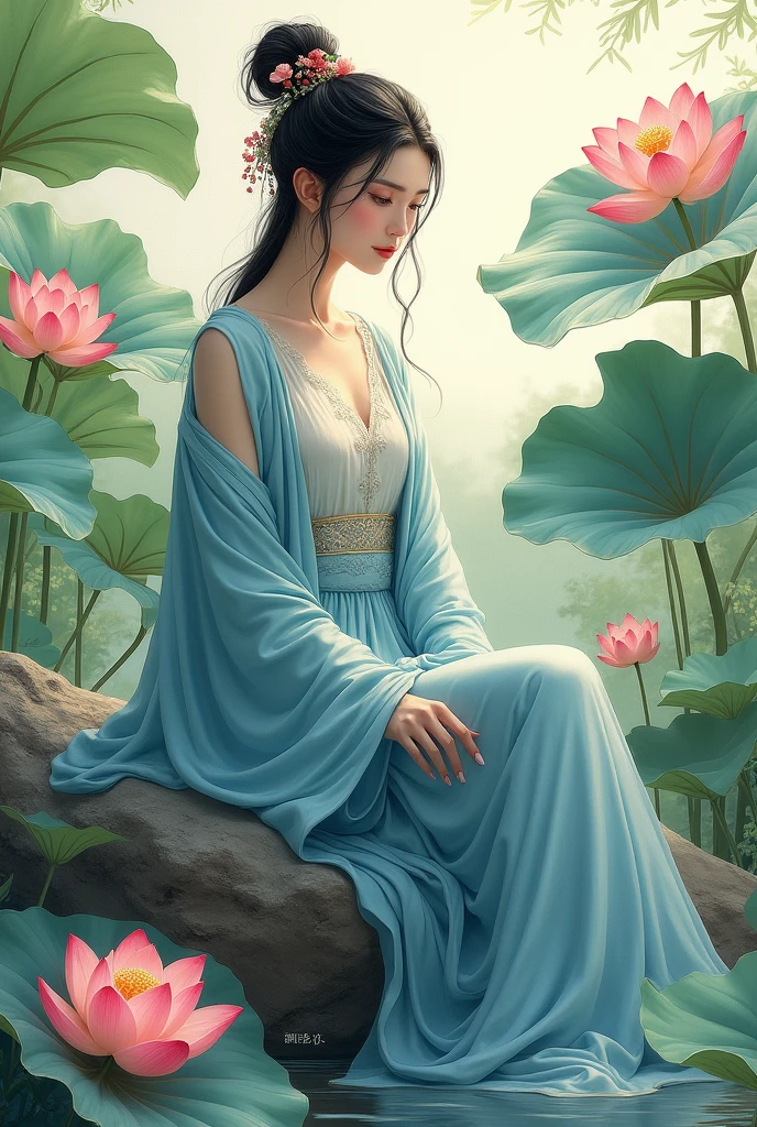 Ancient Chinese beauty sitting on stone, wearing ancient Chinese costume, flowing blue tulle, light silk, lazy pose, large lotus leaves, lotus flowers, ink painting style, clean colors, decisive cutting, white space, freehand, masterpiece, super detailed, epic composition, high quality, highest quality, 4k --v 6