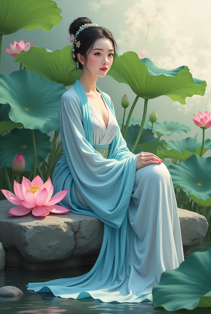 Ancient Chinese beauty sitting on stone, wearing ancient Chinese costume, flowing blue tulle, light silk, lazy pose, large lotus leaves, lotus flowers, ink painting style, clean colors, decisive cutting, white space, freehand, masterpiece, super detailed, epic composition, high quality, highest quality, 4k --v 6