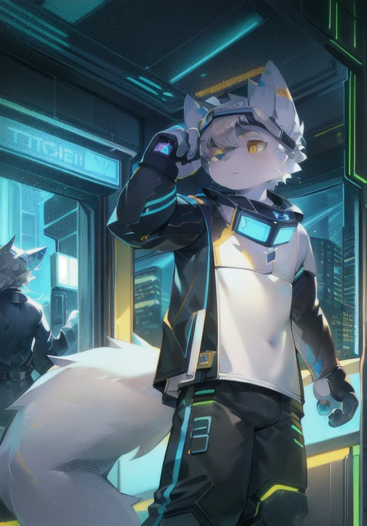 White male cat，boys，Handsome，Silver Hair，Detailed background，，Golden Eyes，futuristic city，Neon lights，Wearing black tech armor，Wearing goggles，Hairy pads，Big furry tail，Blue-white ears