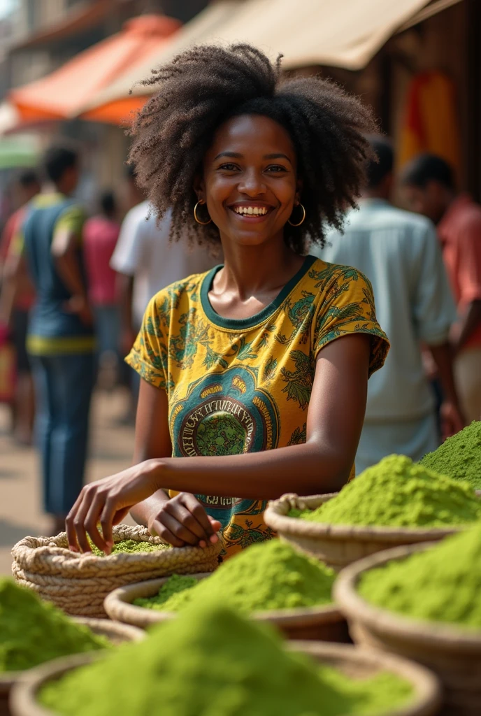 Very attractive woman wearing tesfalem moringa t-shirt & selling moringa poweder in big bazaar 