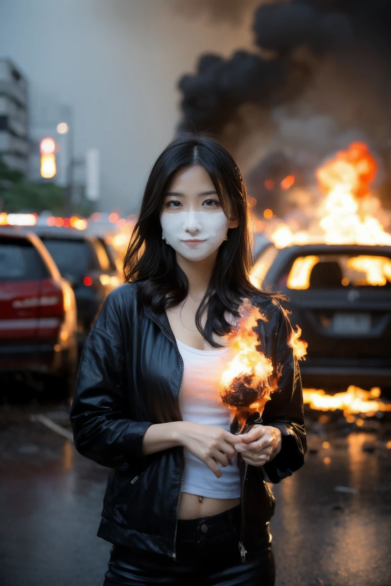 Woman in burning junkyard with bloody mask and explosion in Tokyo rain detailed real photo