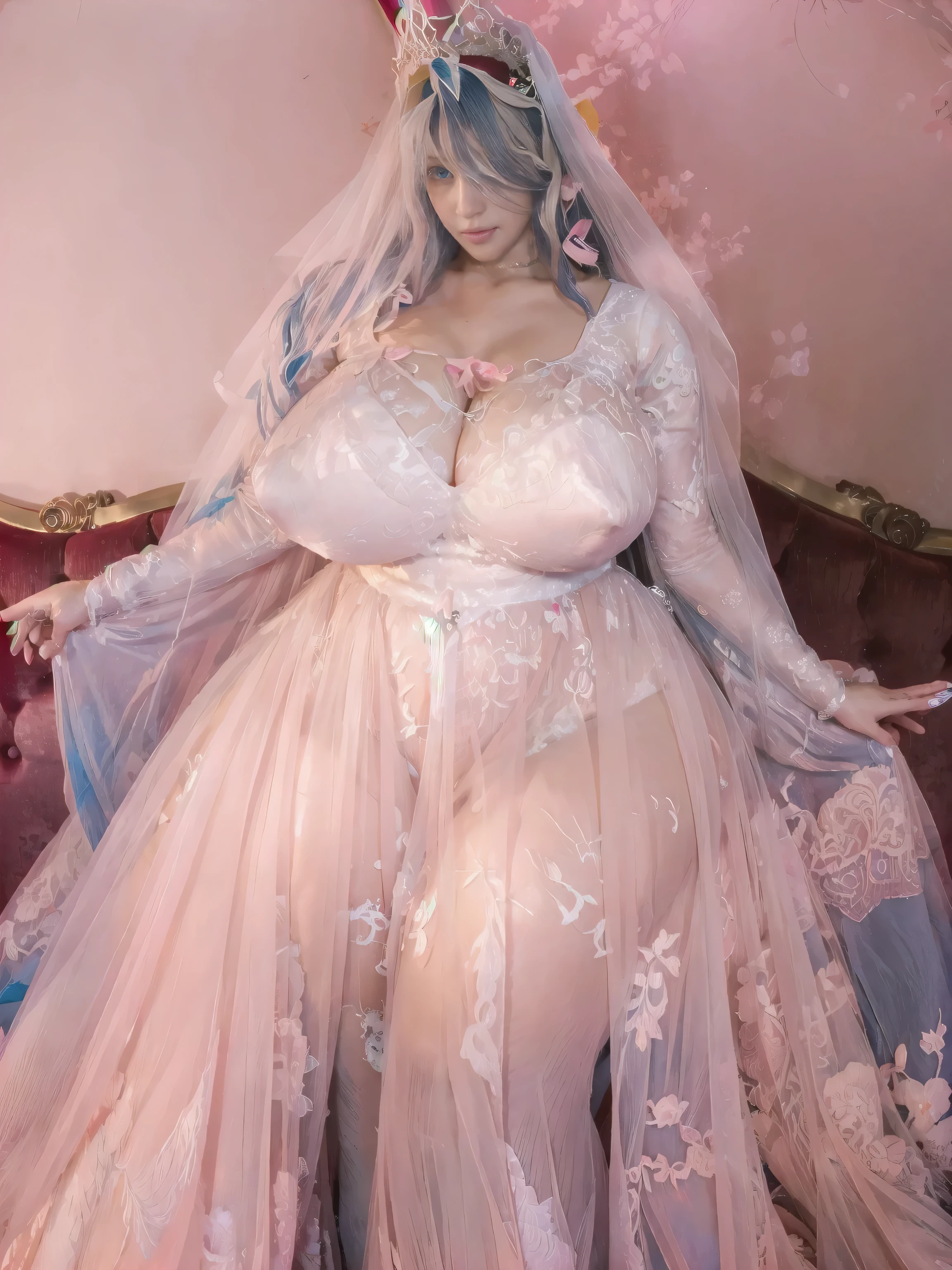 Very close-up of Attractive dressing Beautiful colorful hairs,perfect facial features strip band on eyes of well dressed Women in bedroom empty hand's ,looks like gorgeous wife giving a eligent pose wearing princess wedding gown dress, added anime stockings ((with big body curves, attractive queen diamond crown full dressed white and pink clothing,bouncy breasts:2.4 thin waist,big wide hips , but gigantic thighs)) wearing necklaces with princess sexy attractive long frock clothes full body clothing wedding white and pink bride clothes added coastly stockings flowen net design frock, beautiful eyes,wet lips