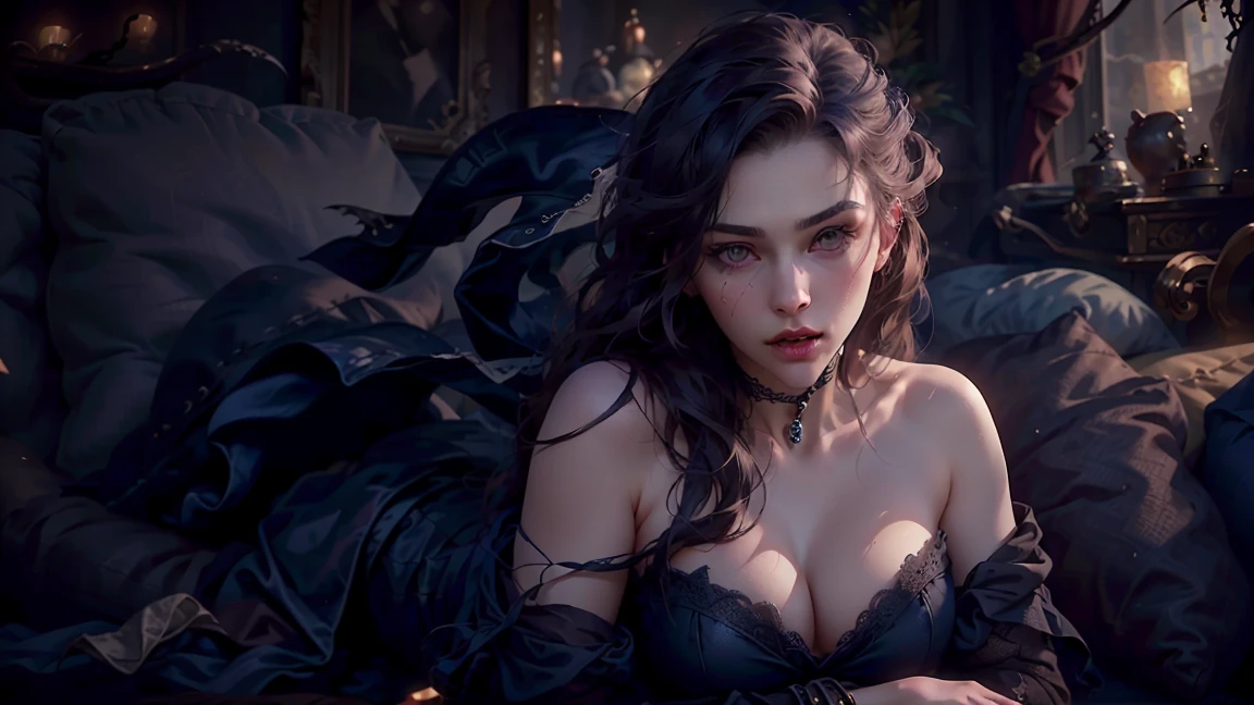 best quality, face focus, soft light, ultra high res, (photorealistic:1.4), RAW photo, realistic gothic digital art portrait, ((masterpiece)), ((best quality)), (portrait of beautiful girl), perfect detailed eyes, perfect detailed face, ultra-detailed nose, dark brown hair, hair flaps, (crazy eyes), turn pale, yandere, fang:1.2, (fang out), depth of field, cinematic lighting, vampire, noble, luxury navy dress, silk dress, Lying on a leather sofa