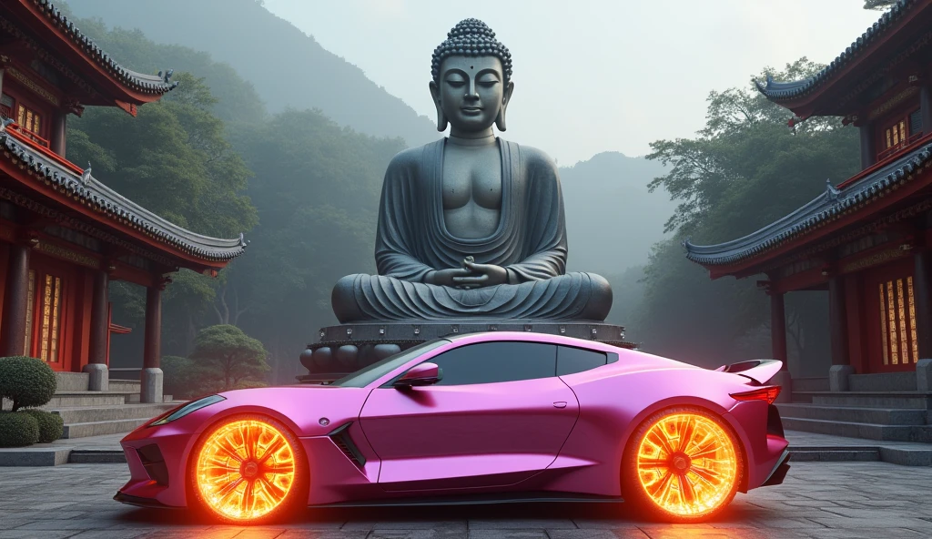 there is a metallic pink sports car at the base of massive Buddha statue, car's wheels are made from fire Buddhist temple background