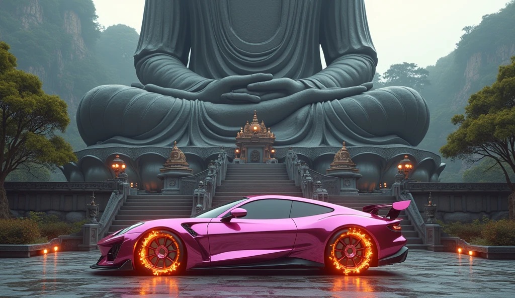 there is a metallic pink sports car at the base of massive Buddha statue, car's wheels are made from fire Buddhist temple background