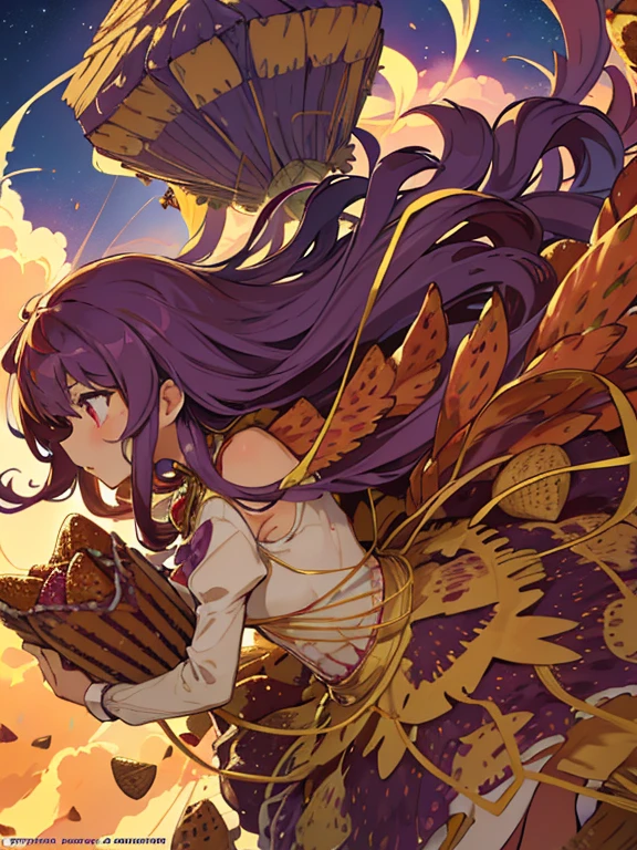 A girl with long afro hair flying low in the air covered in boiling large strawberry cake armor serving a large purple potato jam、Amazing dynamism、Amazing Angle、unstable buoyancy sandstorm、(((Lots of friendly oversized dried fruit cubes floating densely to chase)))、((surround each other'straw cube))、