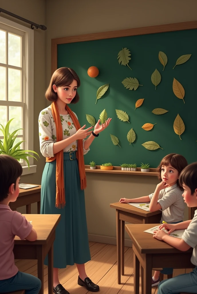 Depict the young woman teaching  basic skills like reading, writing, and arithmetic in a simple rural schoolhouse. She is dressed in modest 1980s attire suitable for teaching, but incorporates elements of nature into her lessons. Show her using leaves or flowers to teach about shapes or using a chalkboard with a nature-inspired theme. Use soft lighting that highlights the shadows of the classroom and the engaged faces of her students. Highlight her creative use of natural materials