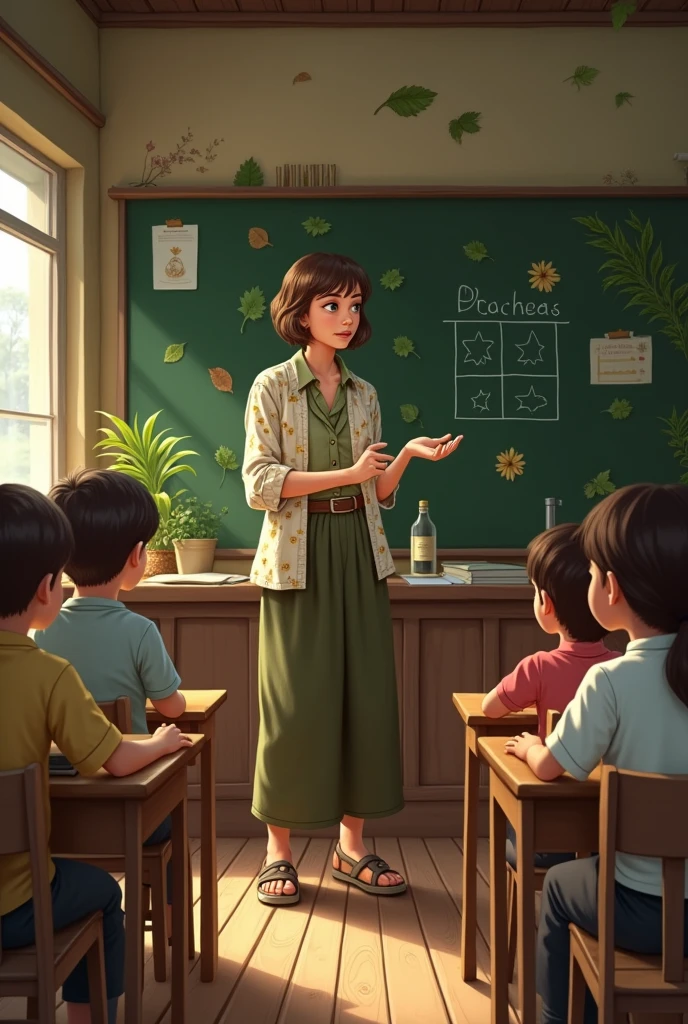 Depict the young woman teaching children basic skills like reading, writing, and arithmetic in a simple rural schoolhouse. She is dressed in modest 1980s attire suitable for teaching, but incorporates elements of nature into her lessons. Show her using leaves or flowers to teach about shapes or using a chalkboard with a nature-inspired theme. Use soft lighting that highlights the shadows of the classroom and the engaged faces of her students. Highlight her creative use of natural materials